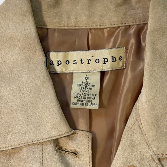 Apostrophe Genuine Suede Tan Leather Jacket Size 12 Classic Button Front Coat - Picture 3 of 8